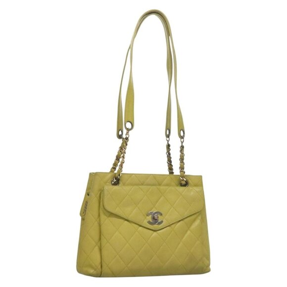 CHANEL Matelasse Chain Shoulder Bag Grained Calf Skin Green Gold CC Auth yk19052 - Picture 1 of 16